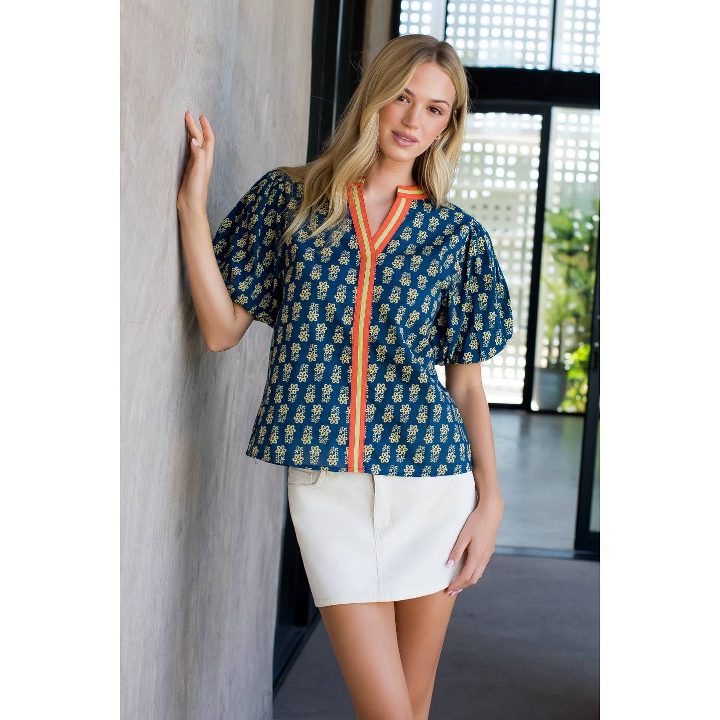 Puff Sleeve Floral Top in Blue