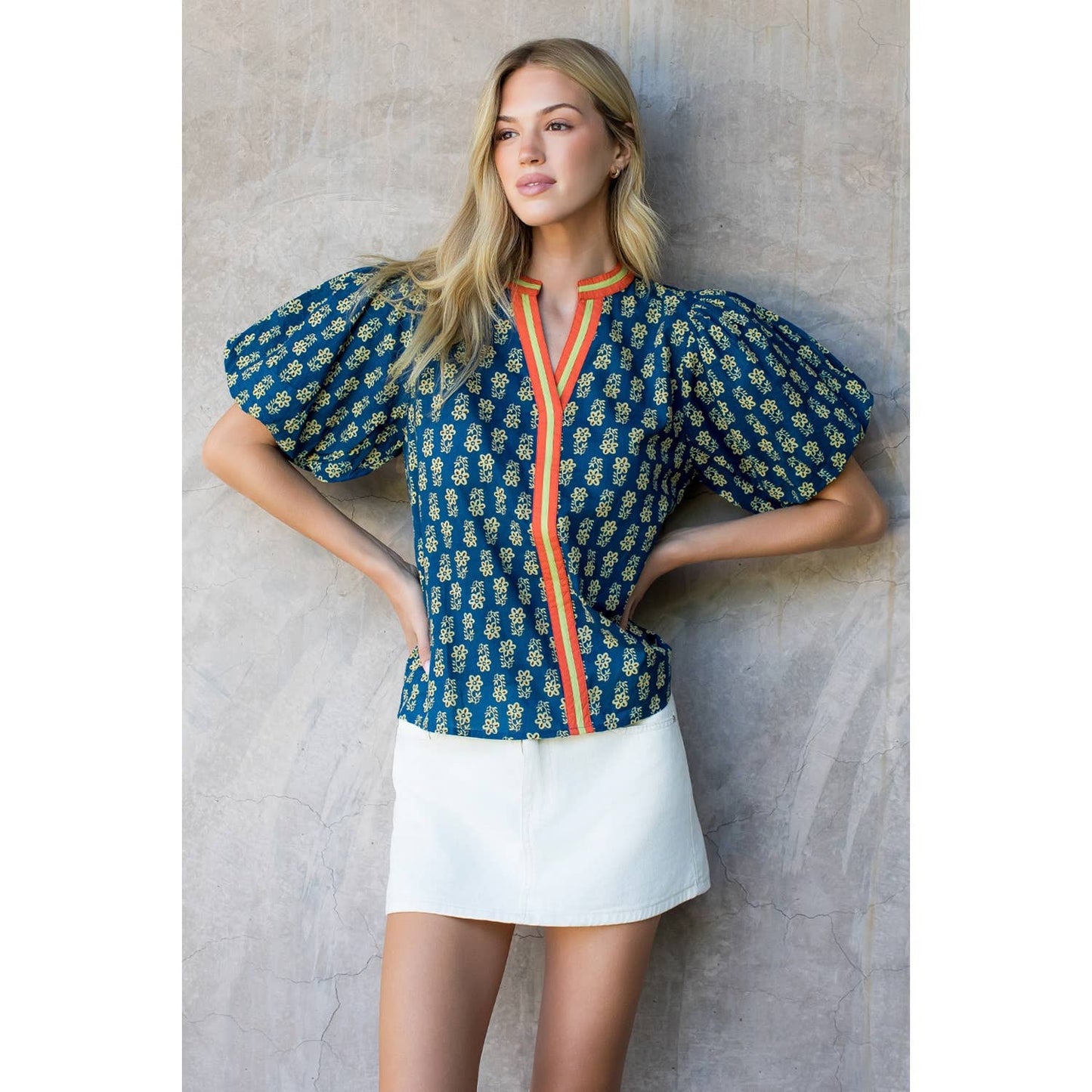 Puff Sleeve Floral Top in Blue
