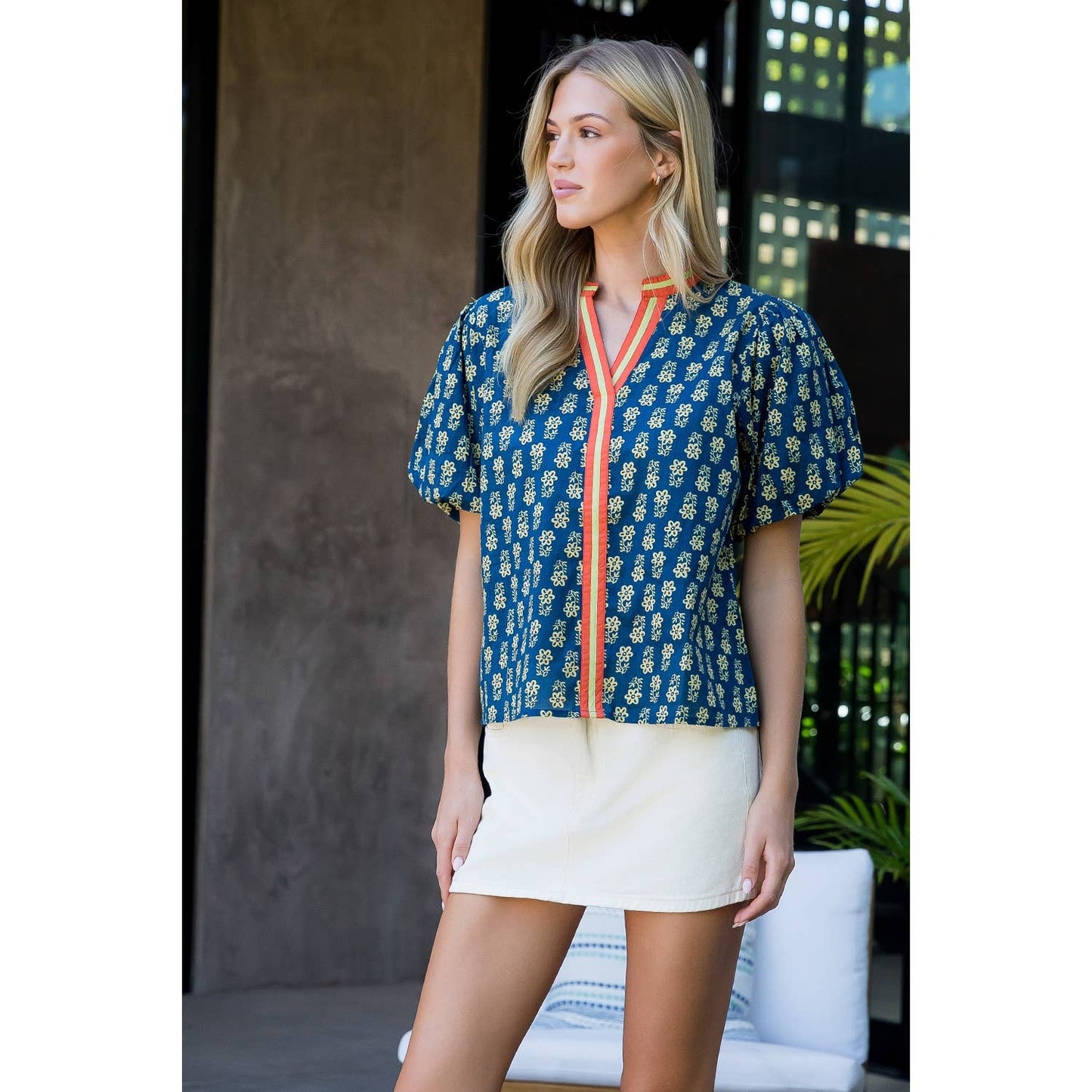 Puff Sleeve Floral Top in Blue