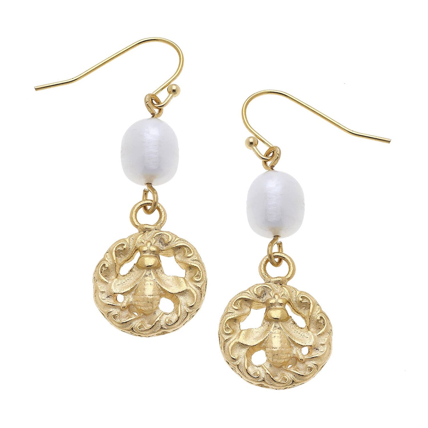 Gold Bee and Freshwater Pearl Wire Earring