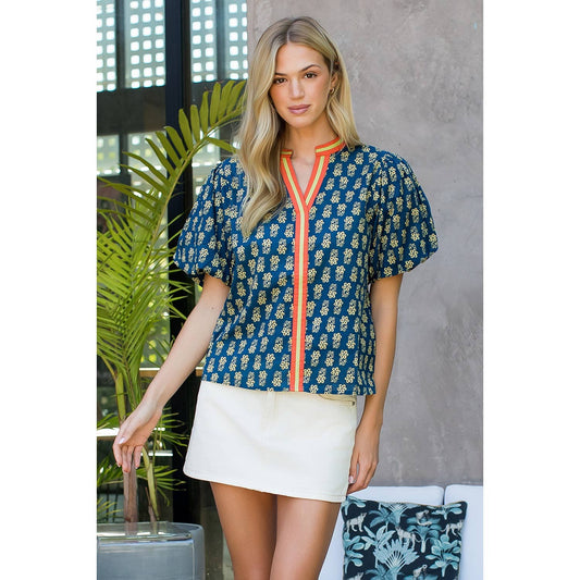 Puff Sleeve Floral Top in Blue