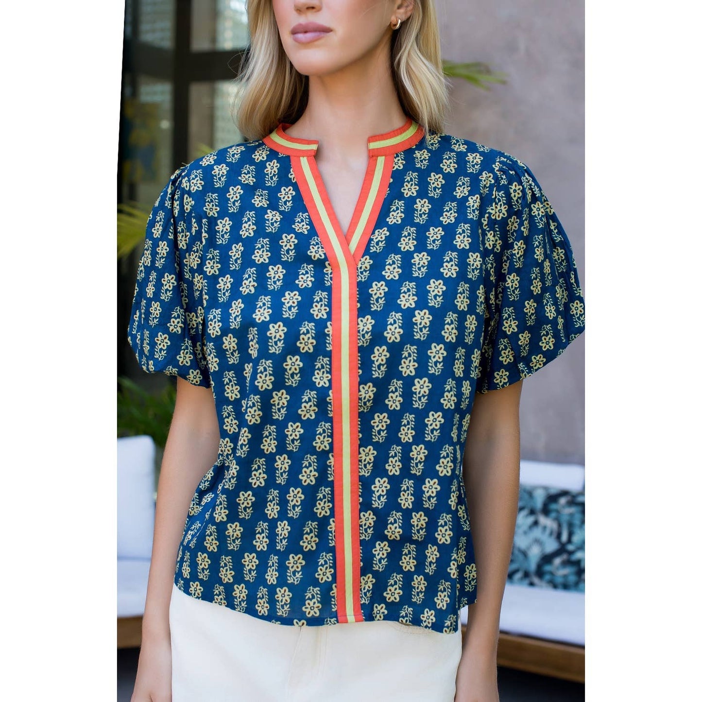 Puff Sleeve Floral Top in Blue