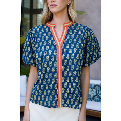 Puff Sleeve Floral Top in Blue