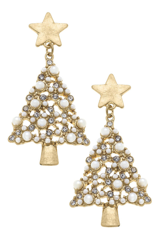 White Christmas Pearl Studded Christmas Tree Earrings