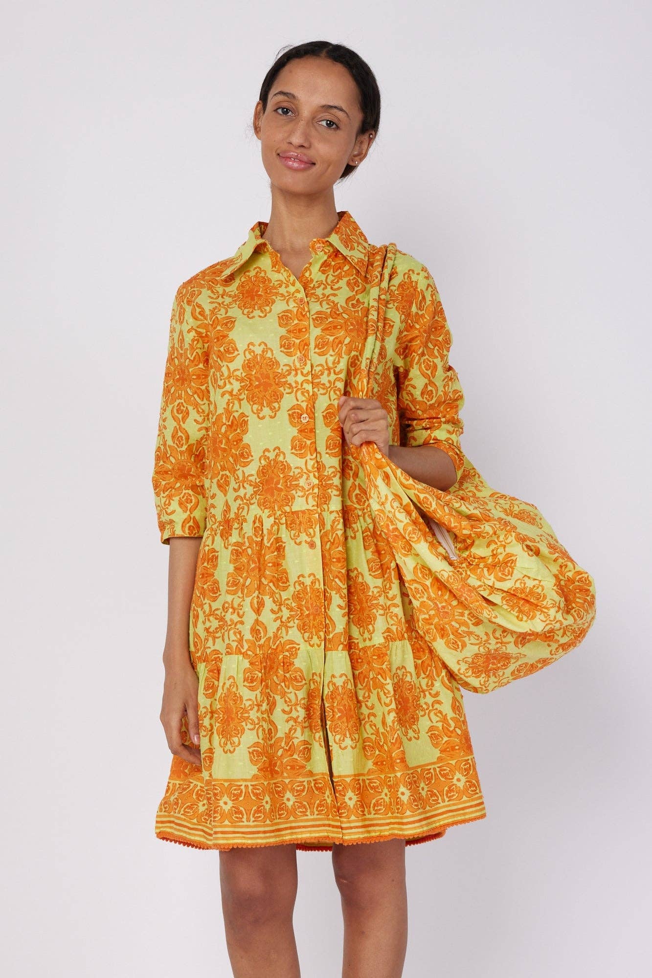 Alcee Green Orange Resort Wear Summer Shirt Dress