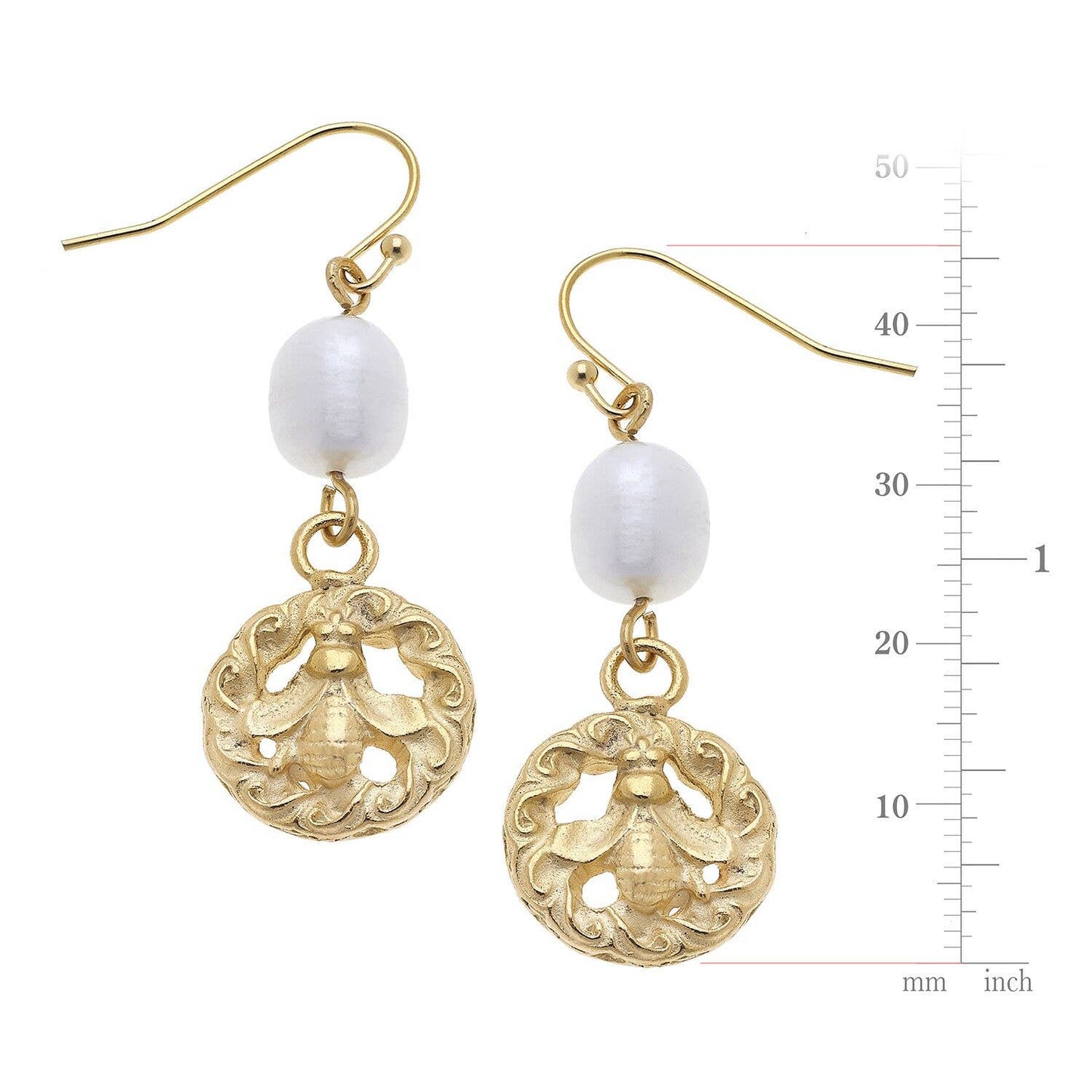 Gold Bee and Freshwater Pearl Wire Earring