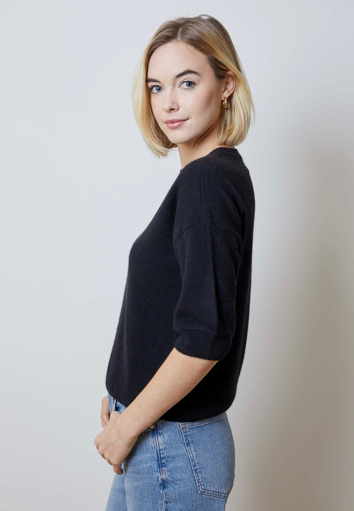 Short Sleeve Black Cashmere Sweater