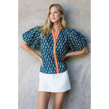Puff Sleeve Floral Top in Blue