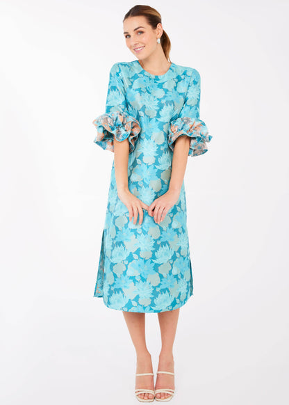 Bronwyn Dress Aqua Floral Silhouette Jacquard