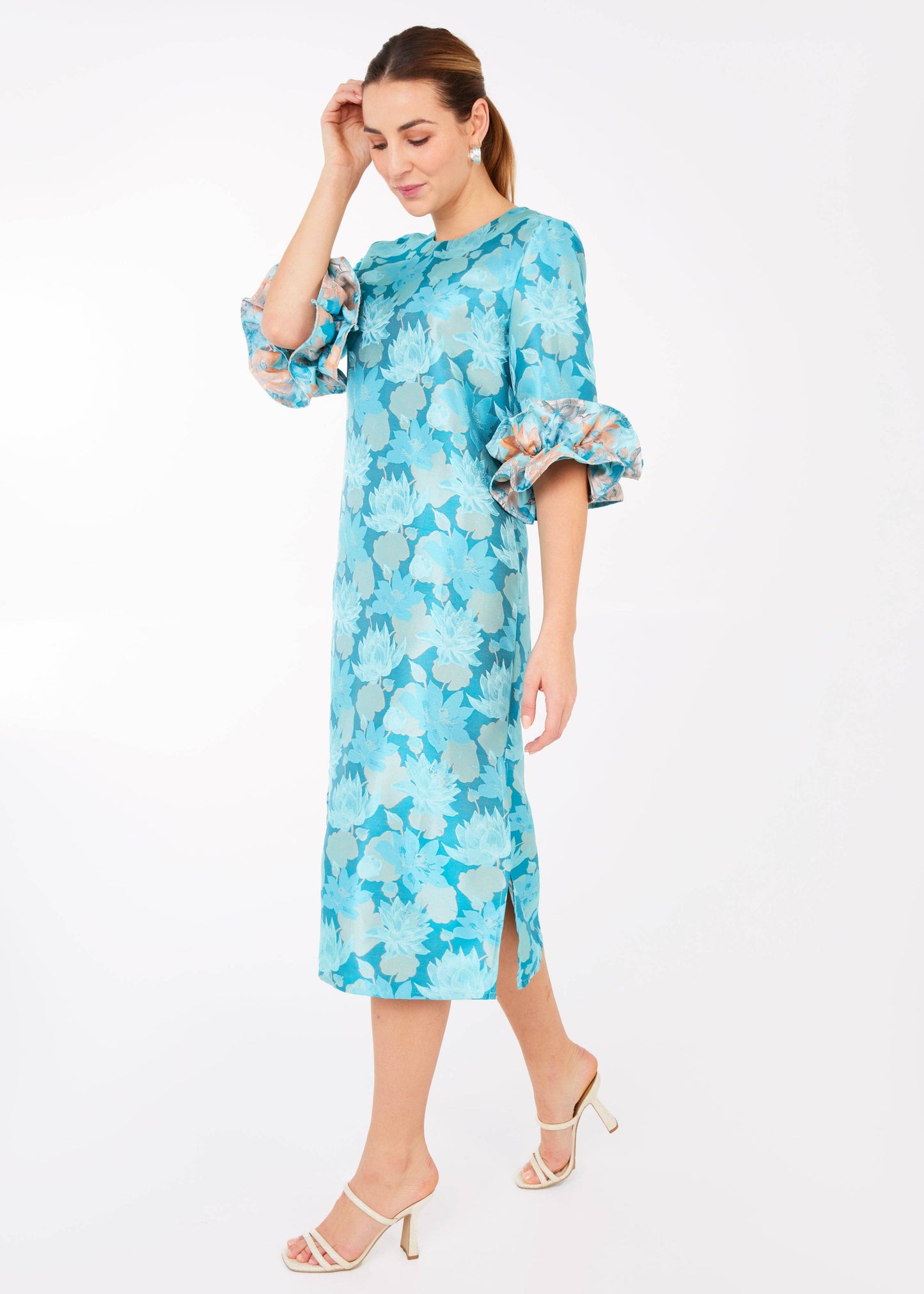 Bronwyn Dress Aqua Floral Silhouette Jacquard