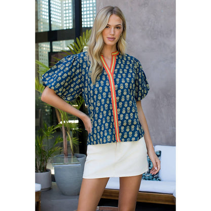 Puff Sleeve Floral Top in Blue